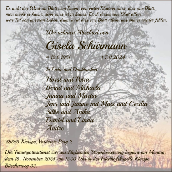 Todesanzeige von Gisela Schürmann von WA