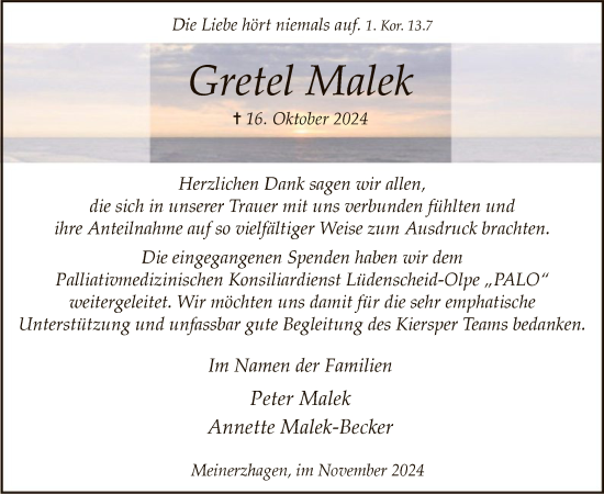 Todesanzeige von Gretel Malek von WA