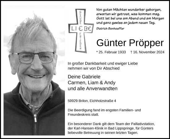 Todesanzeige von Günter Pröpper von WA