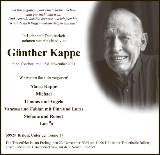 Todesanzeige von Günther Kappe von WA
