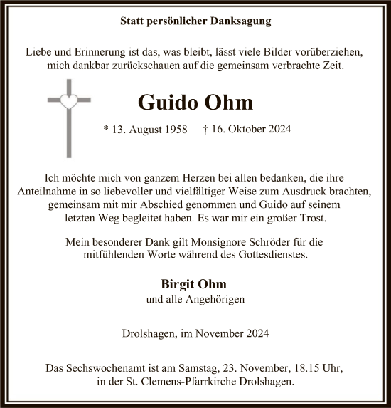 Todesanzeige von Guido Ohm von WA