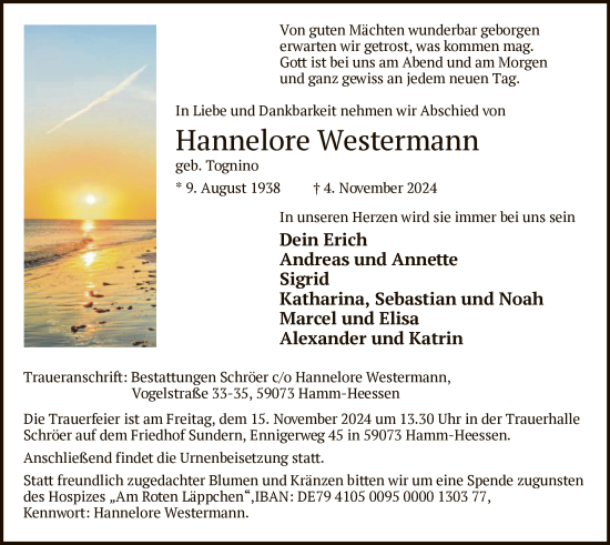 Todesanzeige von Hannelore Westermann von WA