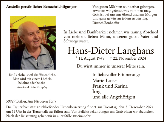 Todesanzeige von Hans-Dieter Langhans von WA