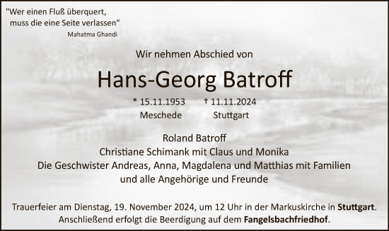 Todesanzeige von Hans-Georg Batroff von WA