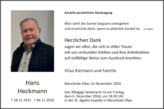 Todesanzeige von Hans Heckmann von WA