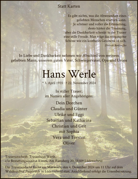 Todesanzeige von Hans Werle von WA