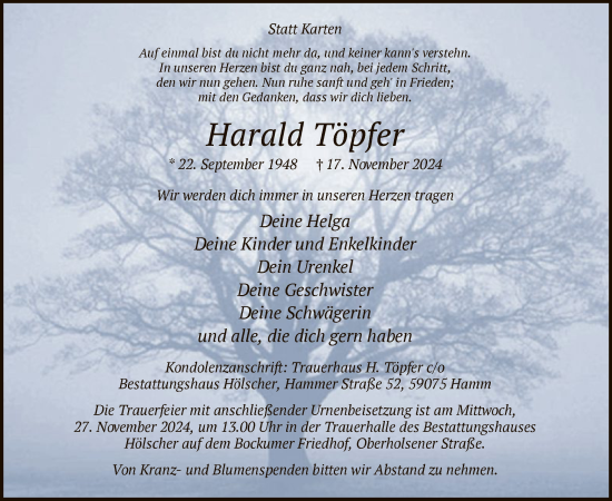 Todesanzeige von Harald Töpfer von WA