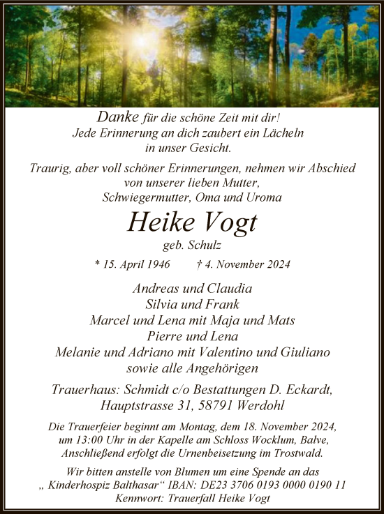 Todesanzeige von Heike Vogt von WA