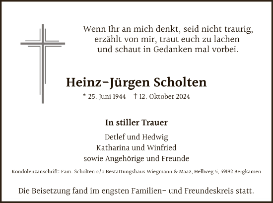 Todesanzeige von Heinz-Jürgen Scholten von WA