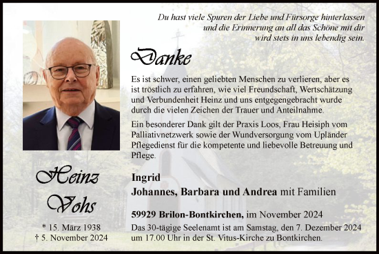 Todesanzeige von Heinz Vohs von WA