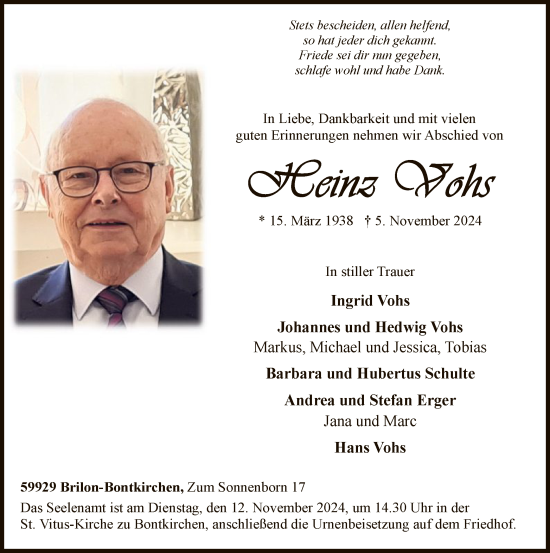 Todesanzeige von Heinz Vohs von WA