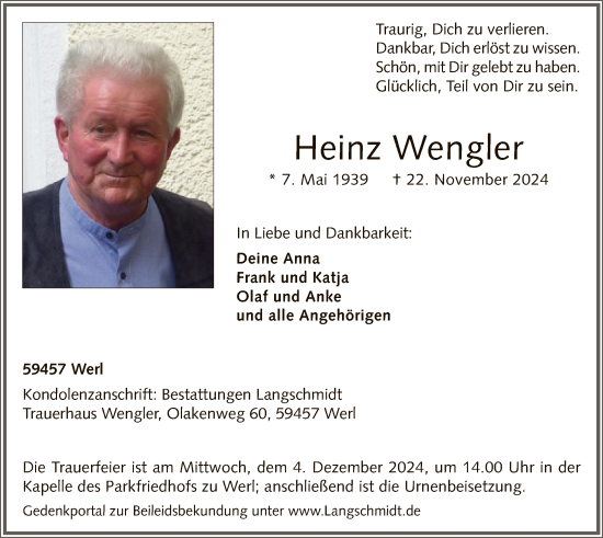 Todesanzeige von Heinz Wengler von WA