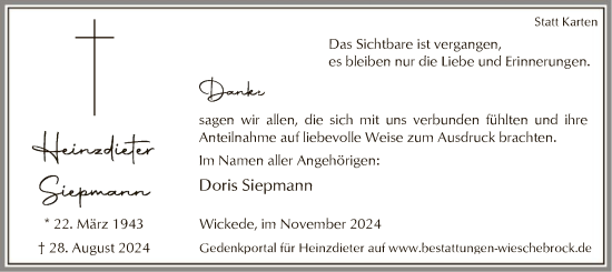 Todesanzeige von Heinzdieter Siepmann von WA