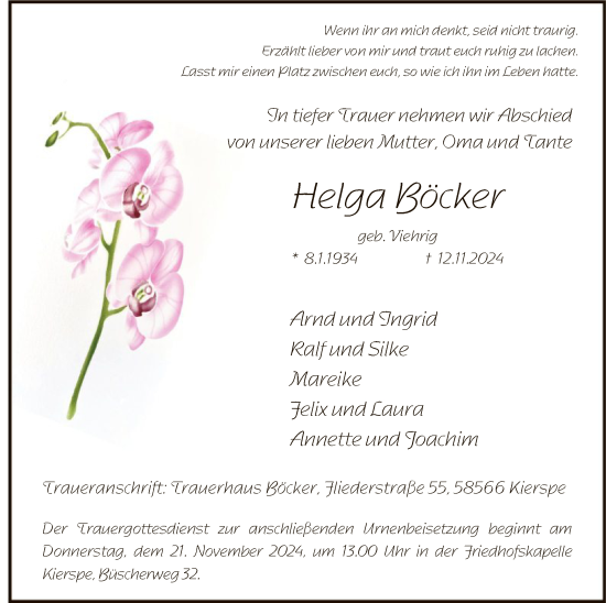 Todesanzeige von Helga Böcker von WA