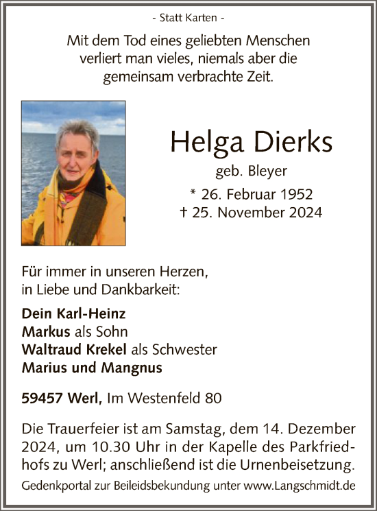 Todesanzeige von Helga Dierks von WA
