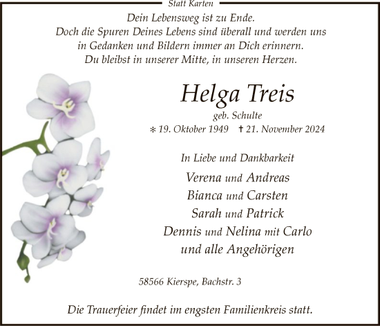 Todesanzeige von Helga Treis von WA
