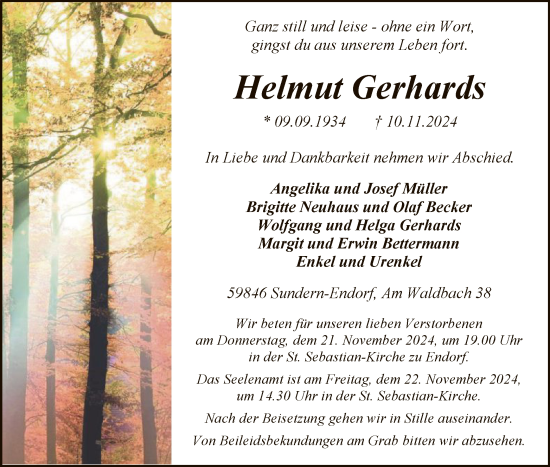 Todesanzeige von Helmut Gerhards von WA