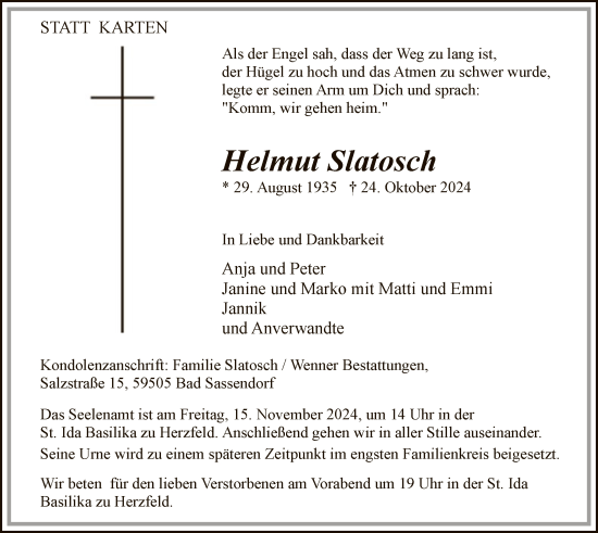 Todesanzeige von Helmut Slatosch von WA
