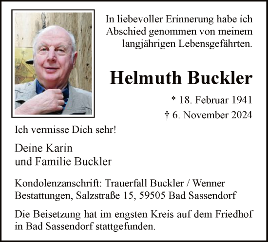 Todesanzeige von Helmuth Buckler von WA