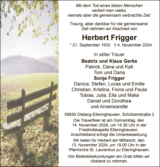 Todesanzeige von Herbert Frigger von WA