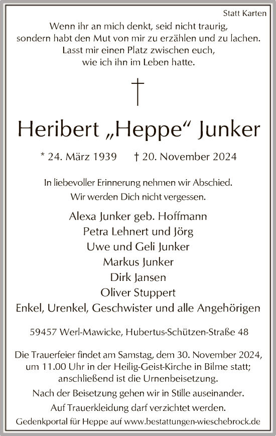 Todesanzeige von Heribert Junker von WA