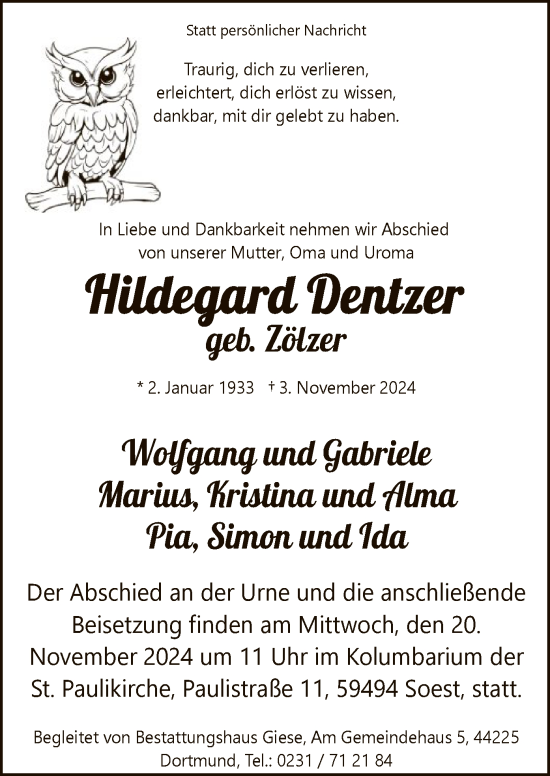 Todesanzeige von Hildegard Dentzer von WA