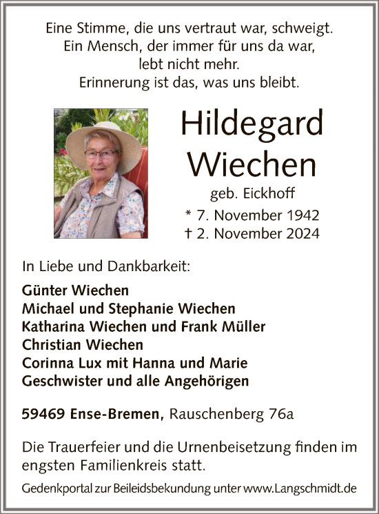 Todesanzeige von Hildegard Wiechen von WA