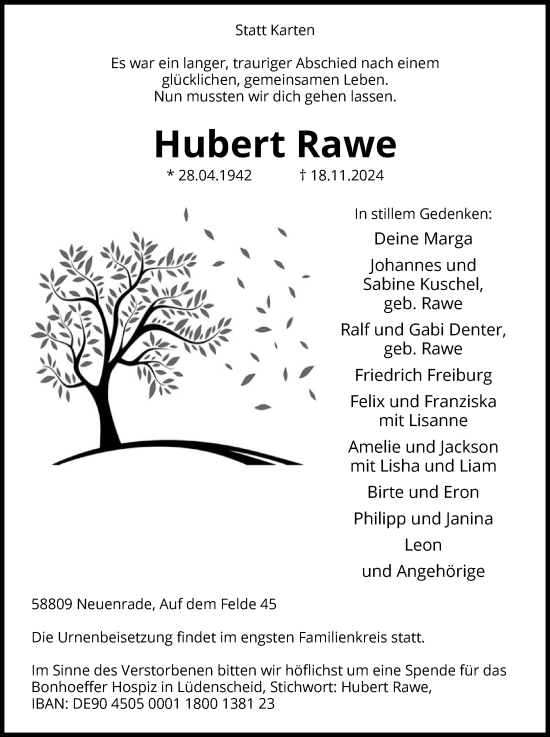 Todesanzeige von Hubert Rawe von WA