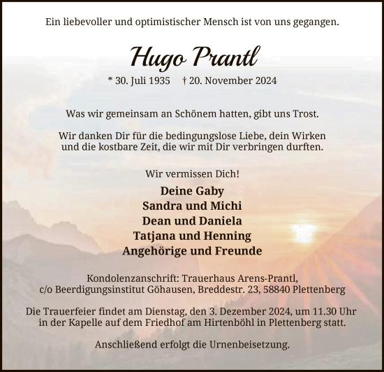 Todesanzeige von Hugo Prantl von WA