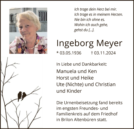 Todesanzeige von Ingeborg Meyer von WA