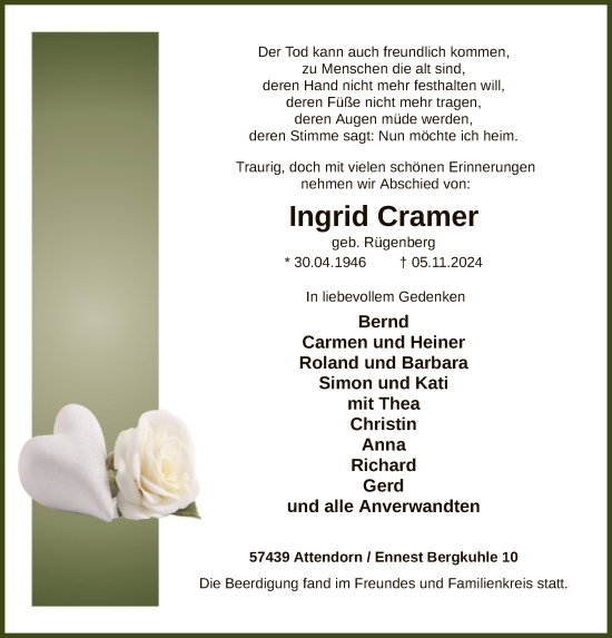 Todesanzeige von Ingrid Cramer von WA