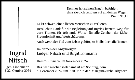 Todesanzeige von Ingrid Nitsch von WA