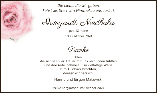 Todesanzeige von Irmgardt Niedbala von WA