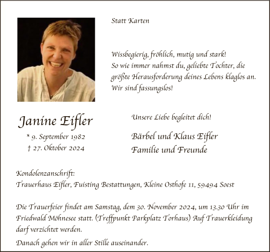 Todesanzeige von Janine Eifler von WA