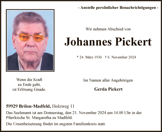 Todesanzeige von Johannes Pickert von WA