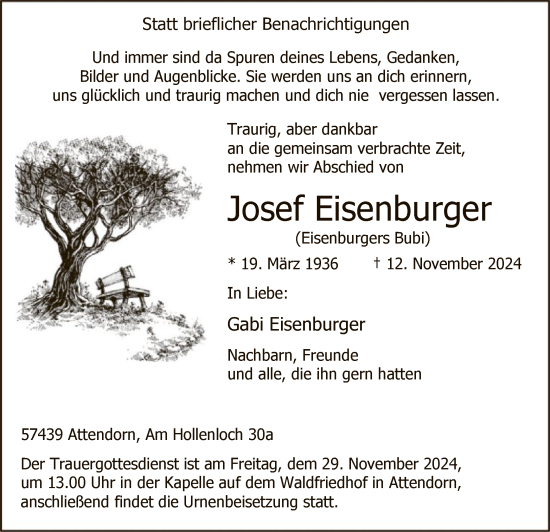 Todesanzeige von Josef Eisenburger von WA