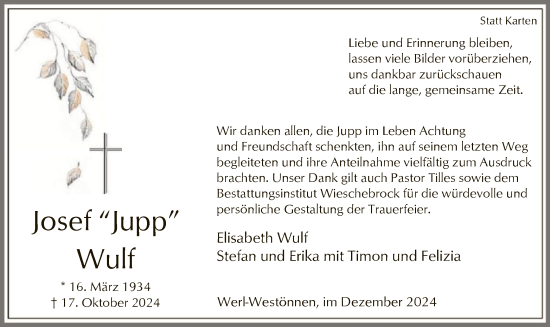 Todesanzeige von Josef Wulf von WA