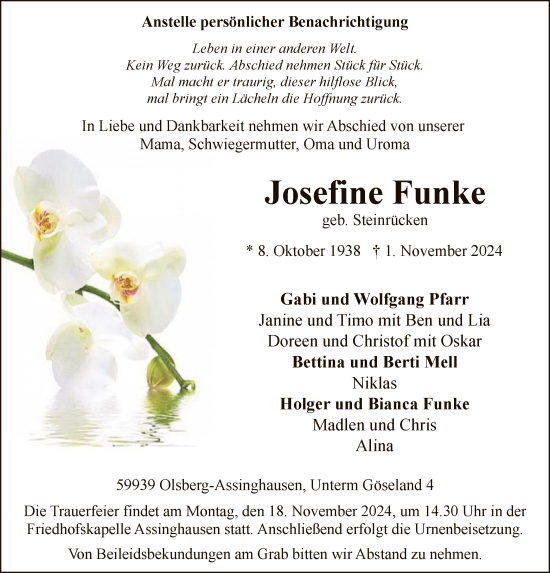 Todesanzeige von Josefine Funke von WA