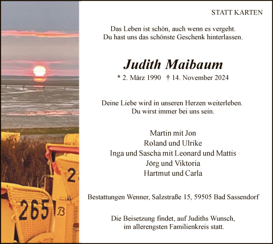 Todesanzeige von Judith Maibaum von WA
