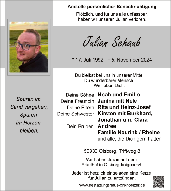 Todesanzeige von Julian Schaub von WA