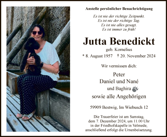 Todesanzeige von Jutta Benedickt von WA