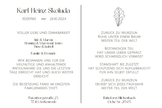 Todesanzeige von Karl-Heinz Skoluda von WA