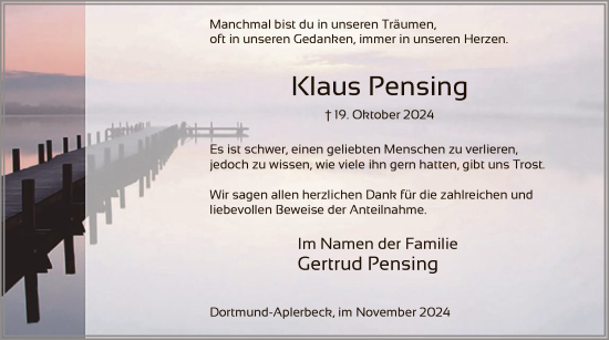 Todesanzeige von Klaus Pensing von WA