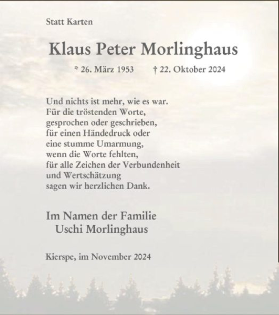 Todesanzeige von Klaus Peter Morlinghaus von WA