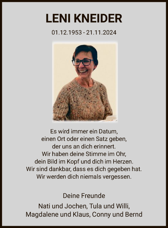 Todesanzeige von Leni Kneider von WA