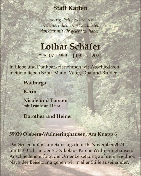Todesanzeige von Lothar Schäfer von WA