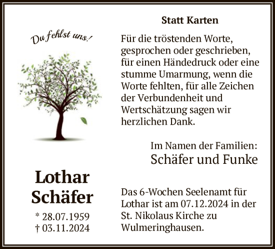 Todesanzeige von Lothar Schäfer von WA