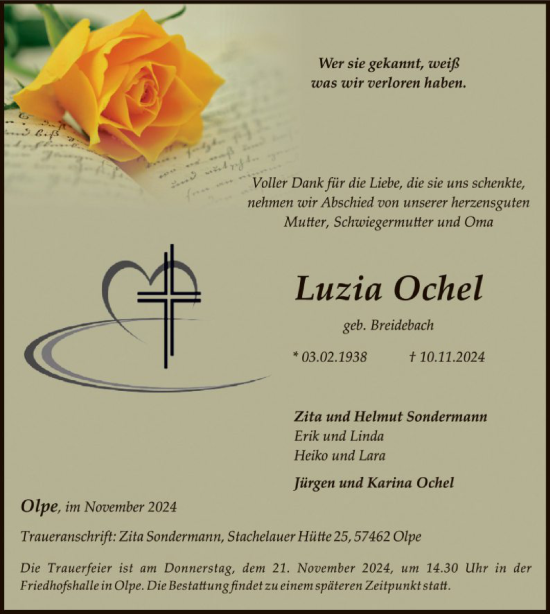 Todesanzeige von Luzia Ochel von WA