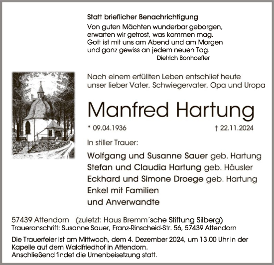 Todesanzeige von Manfred Hartung von WA