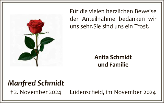 Todesanzeige von Manfred Schmidt von WA